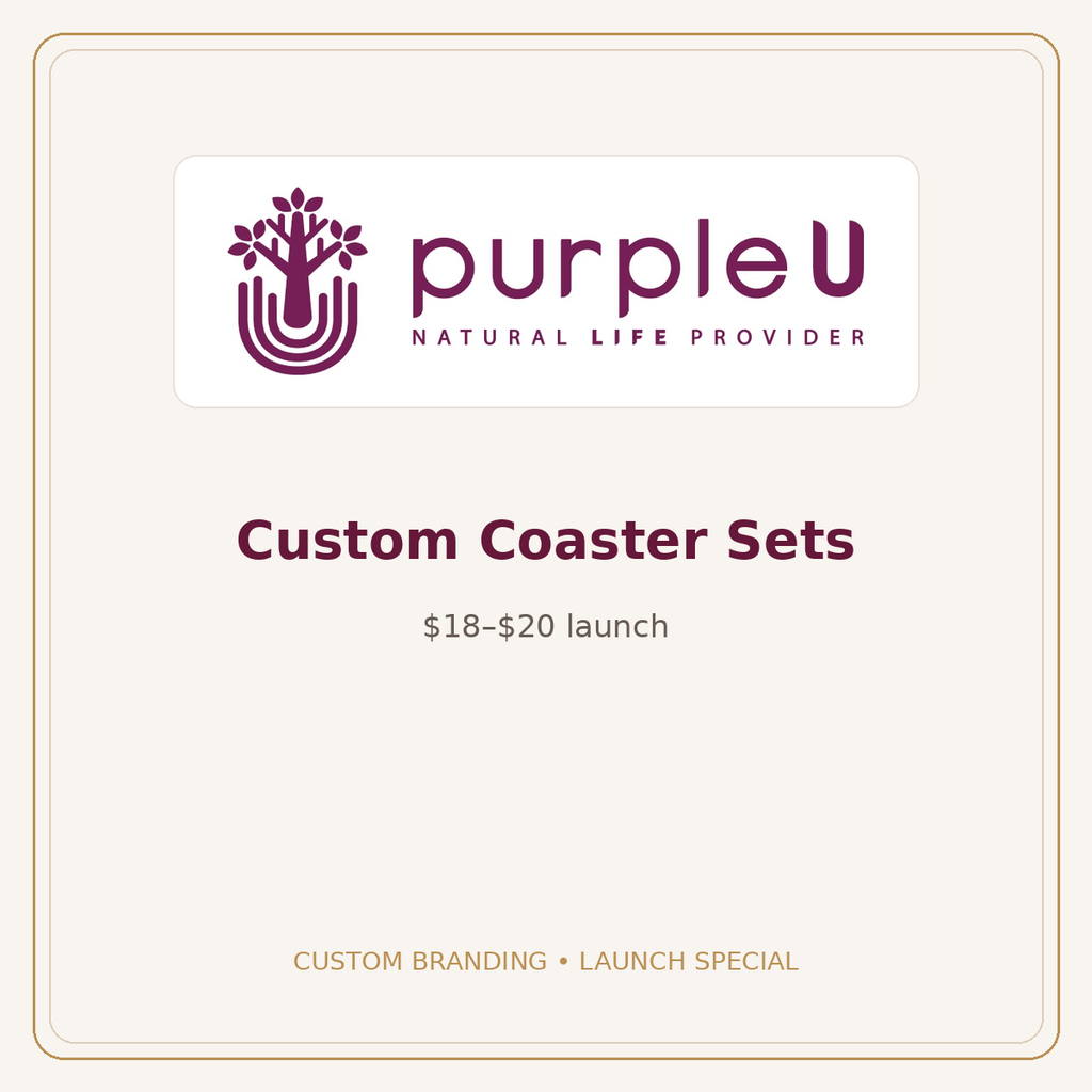 Custom coaster sets — official purpleU branding