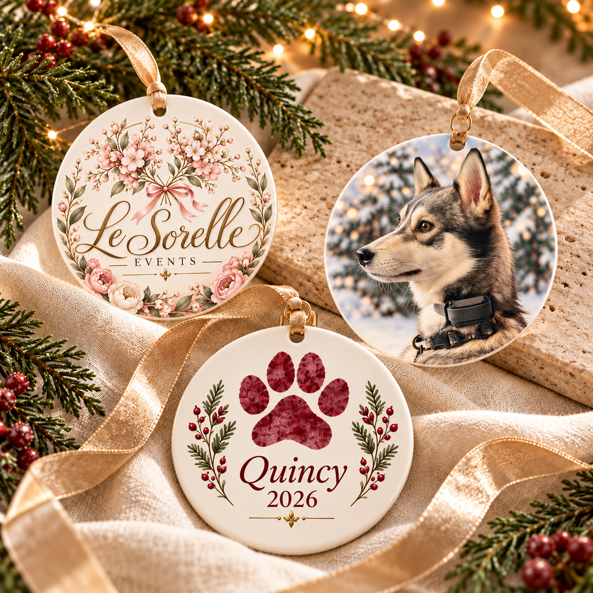 Approved editorial ornament concepts with Le Sorelle, Quincy portrait, and burgundy paw Quincy 2026 design