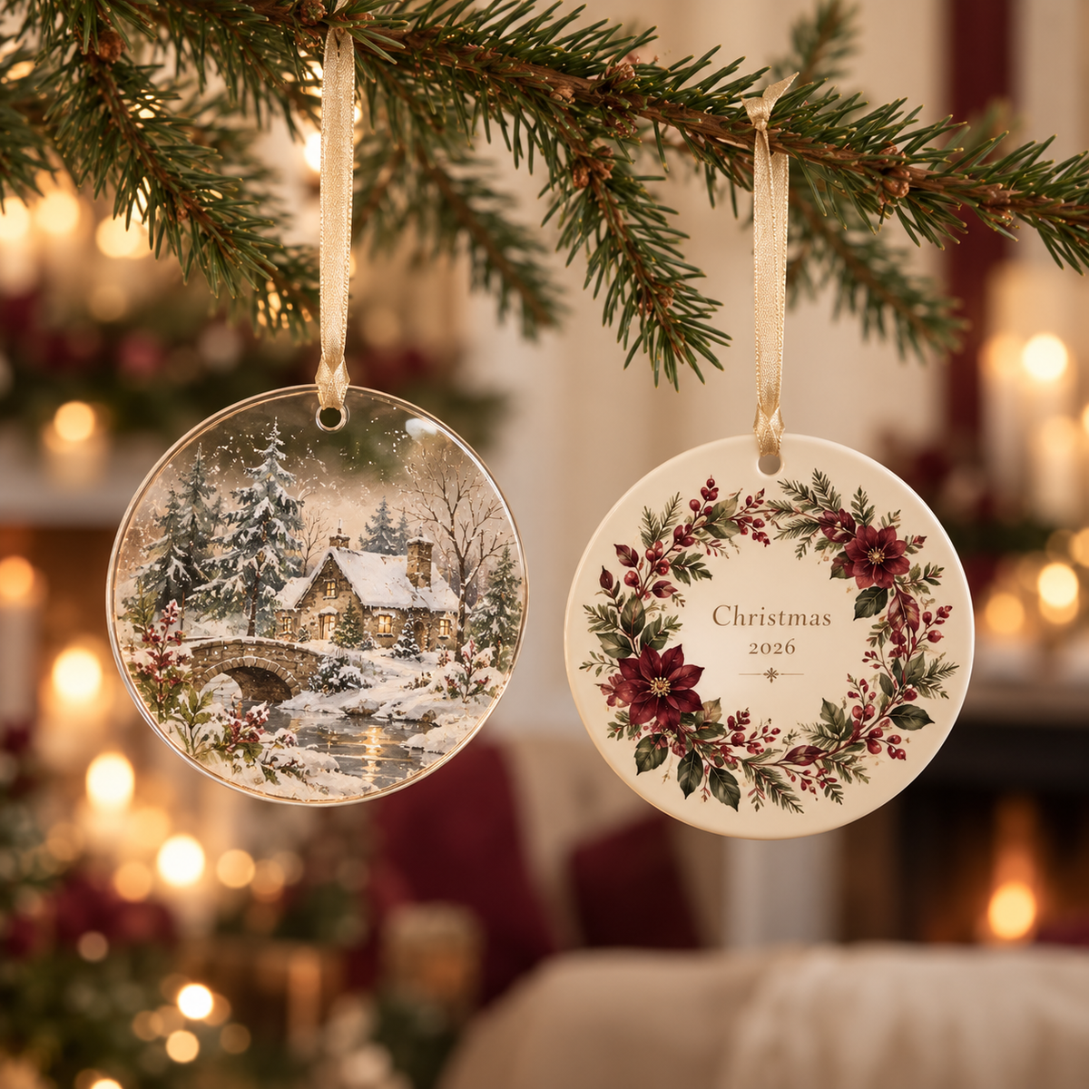 Original editorial concept of glass and ceramic ornaments hanging on an evergreen branch