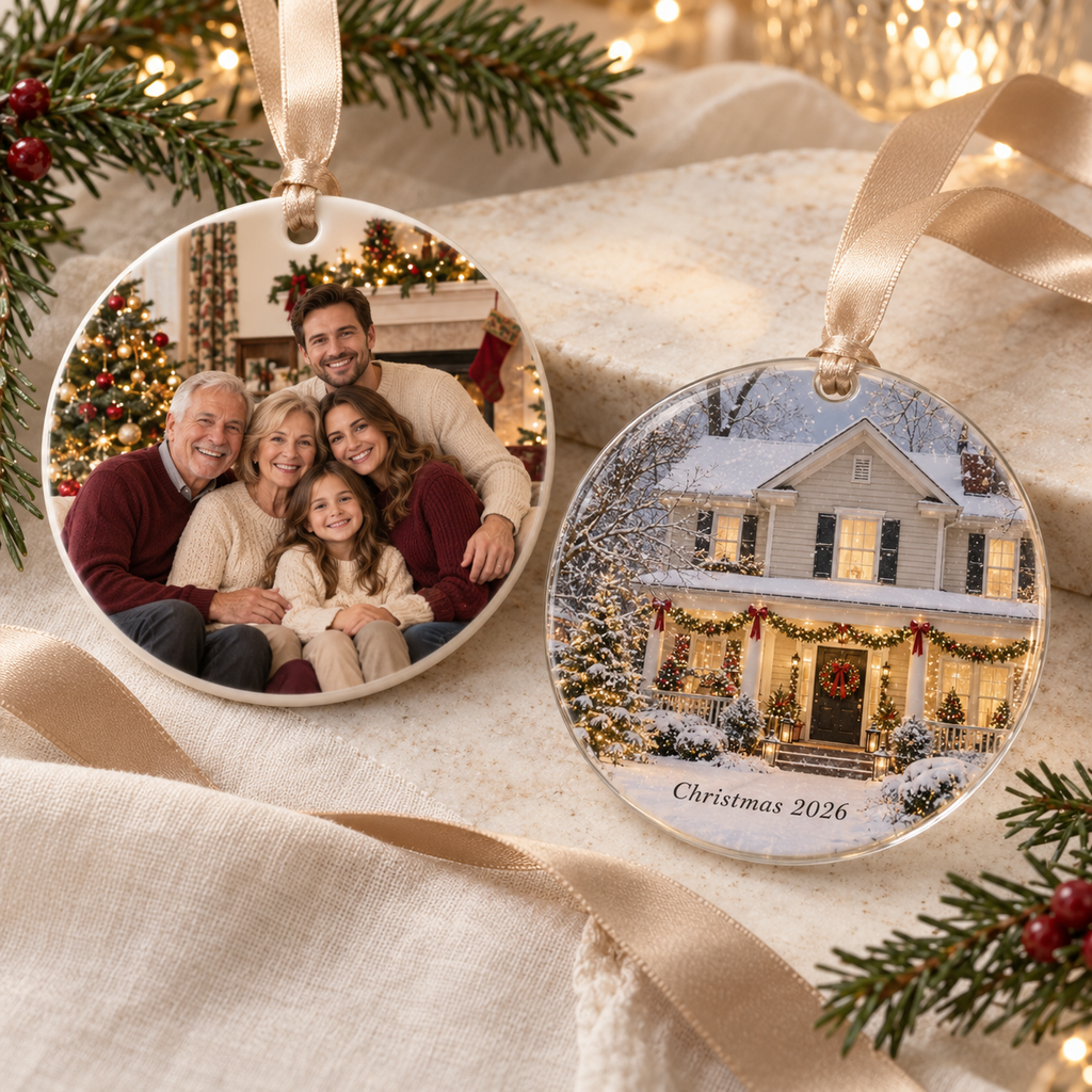 Original fictional family and Christmas-decorated home photo ornament concepts