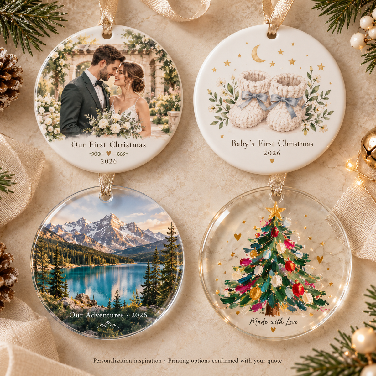 Personalization concept ideas: wedding, baby’s first Christmas, travel memories and colorful artwork